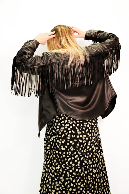 Veste noire simili cuir avec franges Deluc Taille M - NEUF