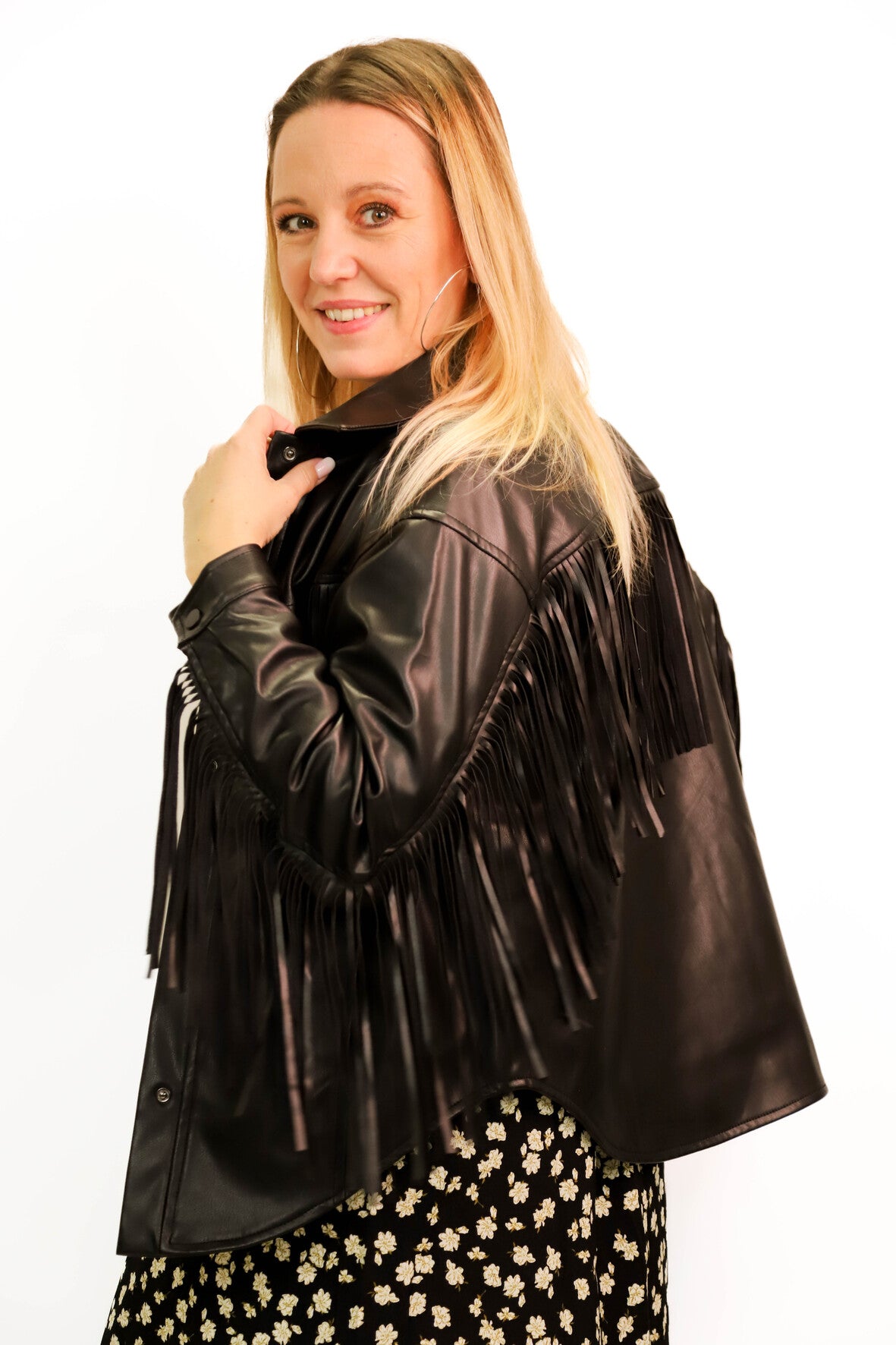 Veste noire simili cuir avec franges Deluc Taille M - NEUF