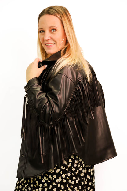 Veste noire simili cuir avec franges Deluc Taille M - NEUF