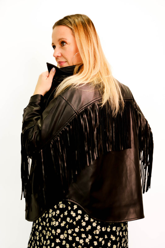 Veste noire simili cuir avec franges Deluc Taille M - NEUF