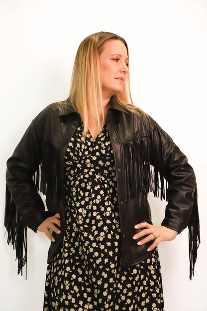 Veste noire simili cuir avec franges Deluc Taille M - NEUF